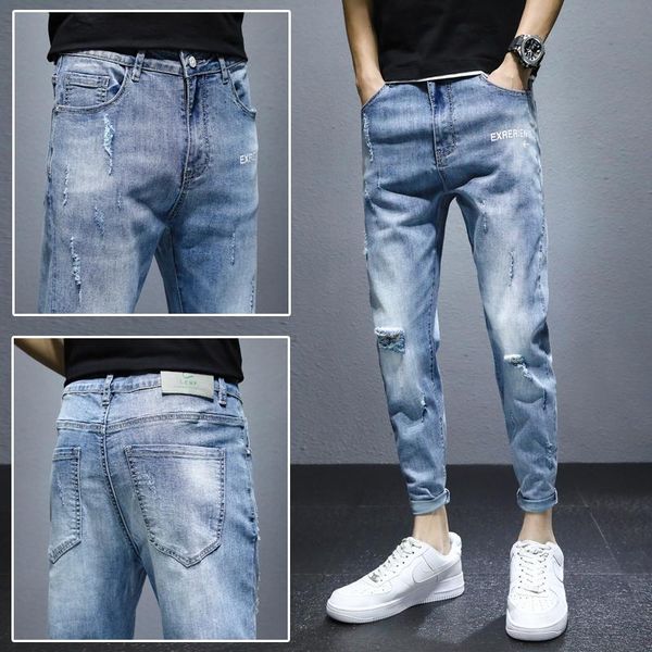 

2021 spring korean broken hole pencil jeans new vintage stretch denim ankle-length pants classic men slim pantalon homme, Blue