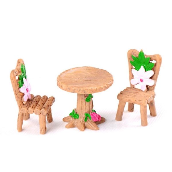 3 pçs / set mini mesa redonda de madeira cadeira conjunto de jardim decorações em vasos planta ornamentos Modelo de material handicraft musgo terrarium micro paisagem