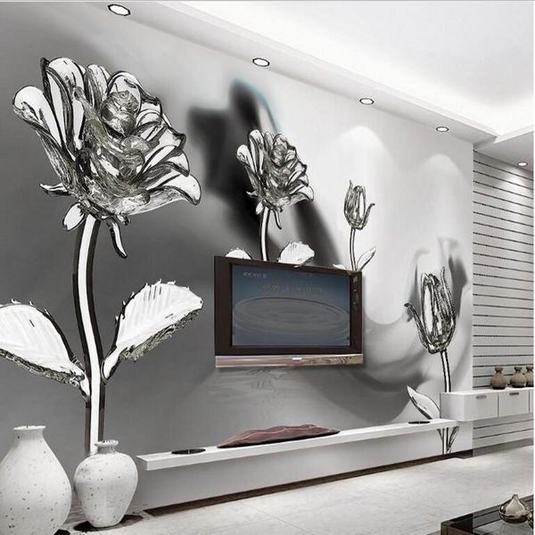 

shuhiko custom large fresco black and white ink transparent crystal glass roses 3d tv backdrop nonwovens super green wallpaper