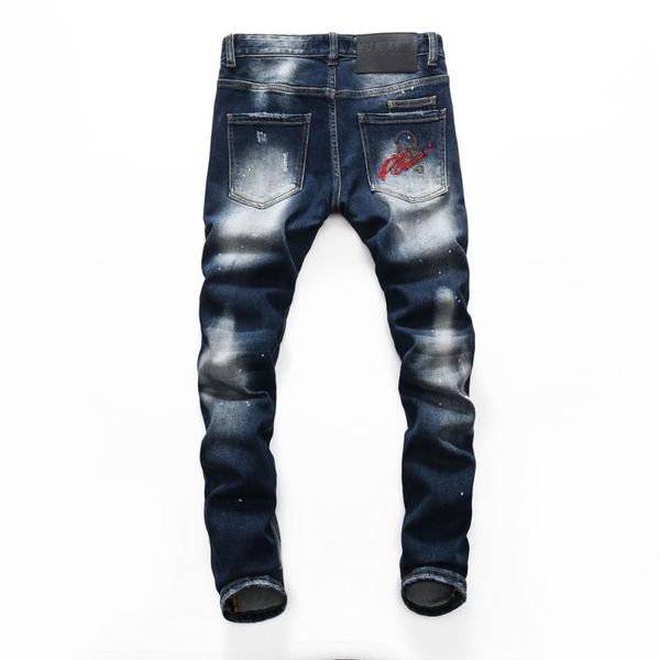 

punk style men brand blue stretch jeans mens slim denim trousers skulls jeans straight stretch pants for men