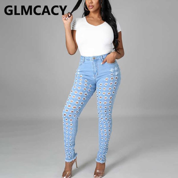 

skinny ripped holes denim pants chic jeans 210702, Blue