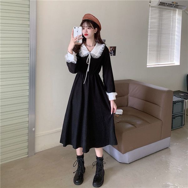 

temperament sews lace doll collar french on the knee dressed in long sleeve new female waist skirt thin fdkv, Black;gray
