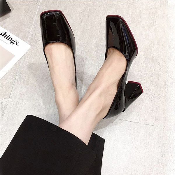

patent leather high heels women pumps 2021 elegant square toe office shoes woman candy colors slip on single shoesdress shoes, Black
