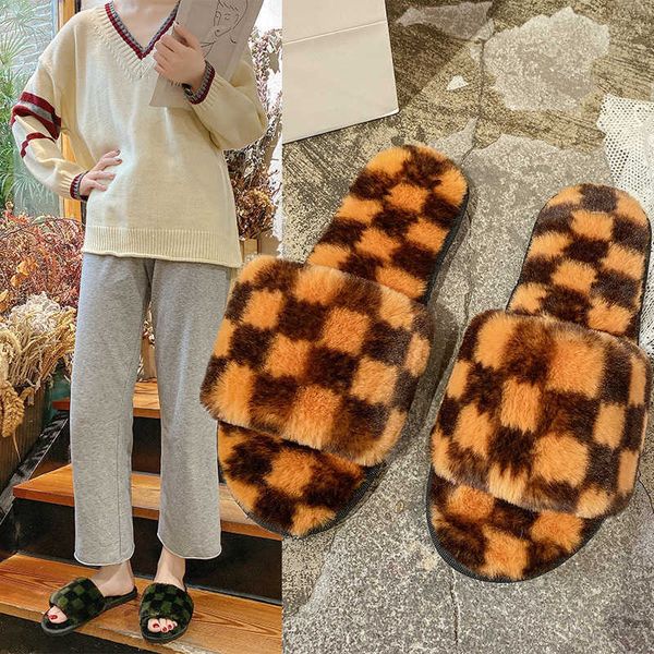 

2021 autumn and winter new wool women's checkered home cotton open toe slippers trend, Black
