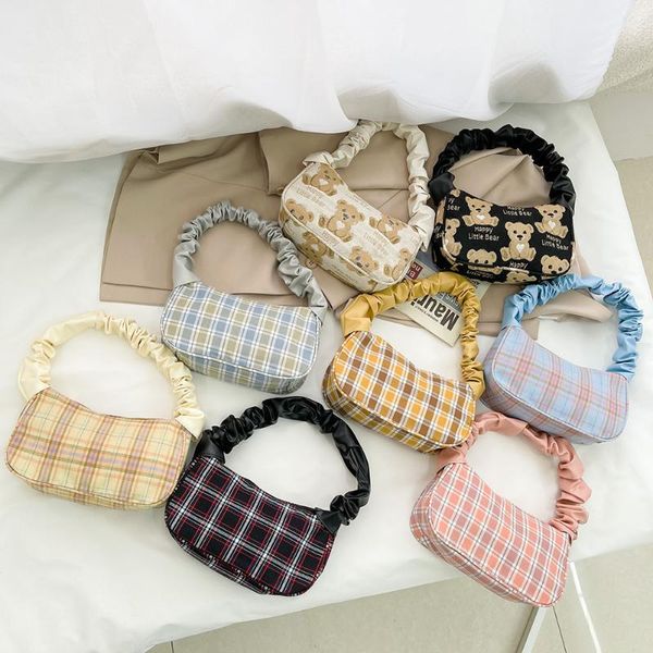 

cross body female printed pleated totes handbags canvas underarm pouch bear plaid messenger bag fashion ladies baguette daily shoulder bags