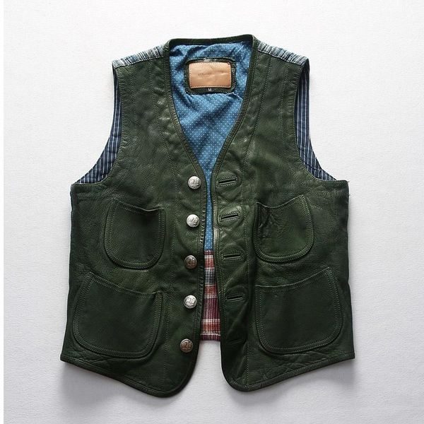 

men's leather & faux patchwork vintage genuine vest men v-neck sleeveless jacket washed goatskin plant dyeing cotton, Black