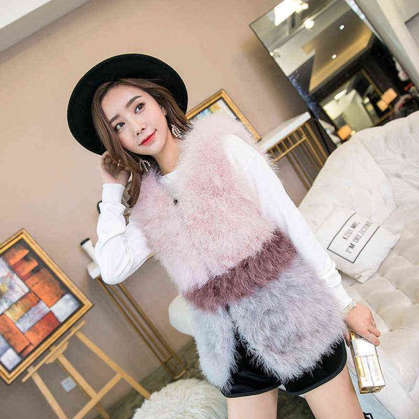 

autumn and winter haining ostrich fur grass vest color matching coat women's sleeveless real hair encryption slim 211207, Black