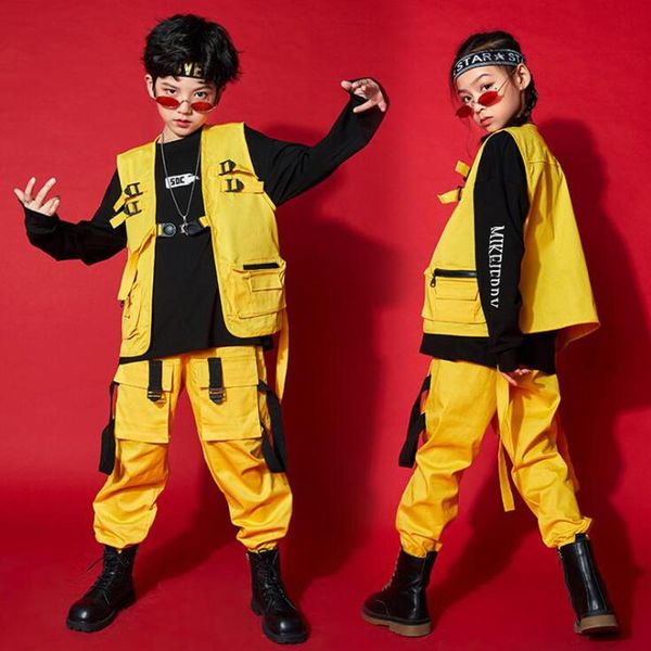 

stage wear kid hip hop clothing sleeveless jacket oversized sweatshirt cargo pants for girls boys jazz dance costume clothes, Black;red