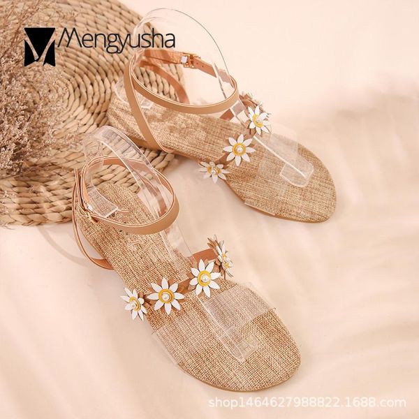 

sandals sweet flowers clear strap flats women ankle buckle open toe gladiator sandalias retro pearl floral student sandales, Black