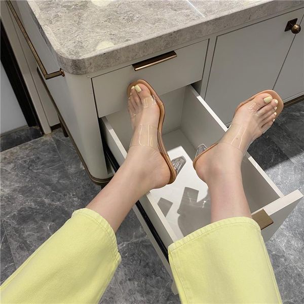 

slippers summer flip flops clear transparent med heel slides fashion round ball slipper sandals for shoes women plus size, Black