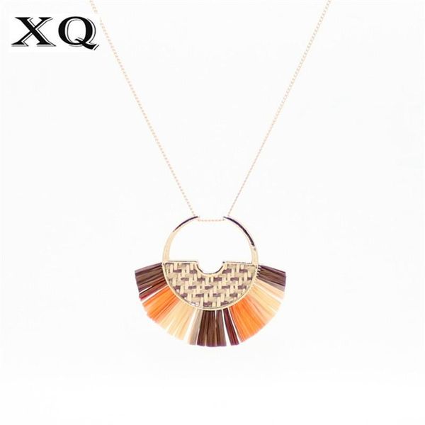 

pendant necklaces xq round woven color hay tassel fan-shaped zinc alloy geometric combination long necklace for women birthday gift accessor, Silver
