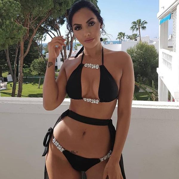 

two piece halter bandage swimwear shiny crystal rhinestone hollow out swimsuit summer beach women biquini bathing suit
