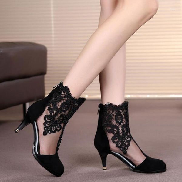 

sandals genuine leather high heels mesh boots woman fashion women summer pointed toe shoes for female black white11
