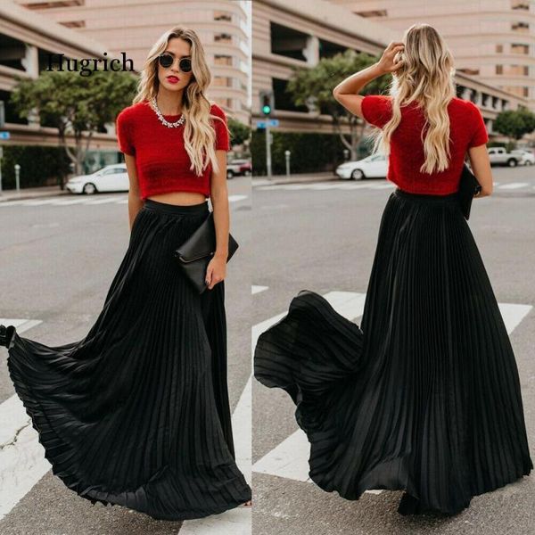 

skirts fashion long skirt stretch high waist ropa mujer solid color loose plus size all-match pleated jupe femme woman clothes, Black