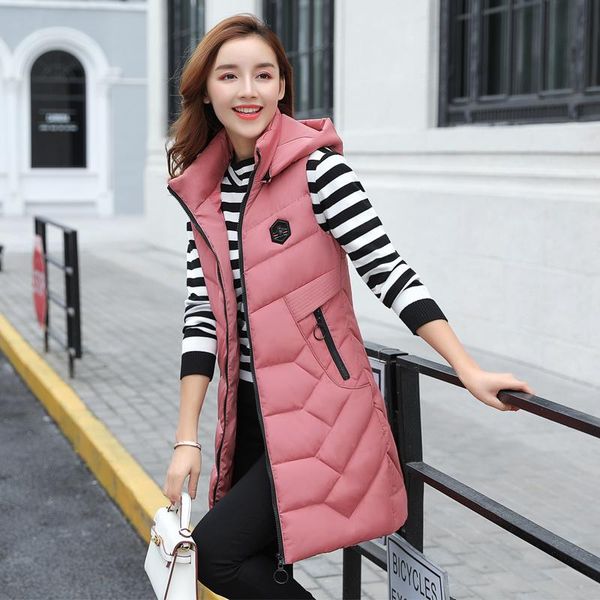 

women's vests long type women down cotton vest hoodie female winter 2021 slim detachable cap, Black;white