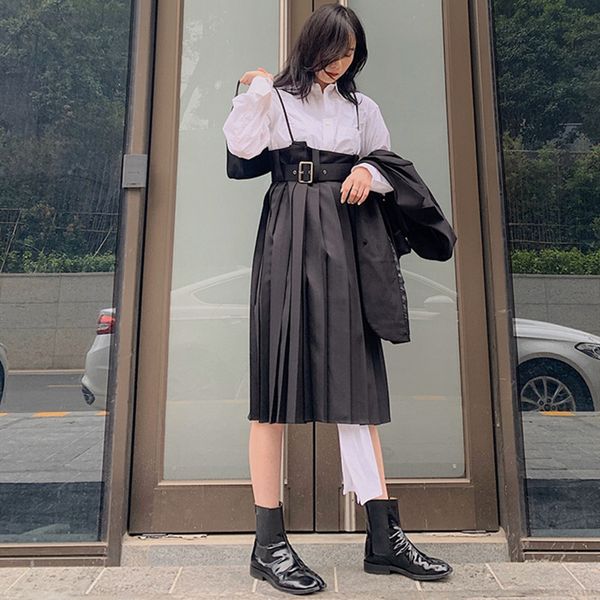 

2021 new novo estilingue plissado vestido senhoras das mulheres vestidos sem mangas com cinto dois estilo wear feminino midi s kirt roupas 7, Black;gray