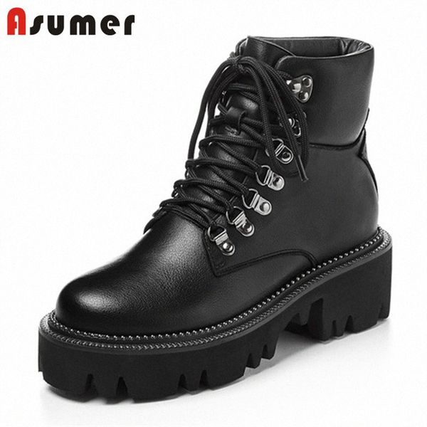 

asumer 2020 new fashion genuine leather ankle boots women lace up thick fur snow boots winter punk platform shoes woman rain boots for d6hz#, Black