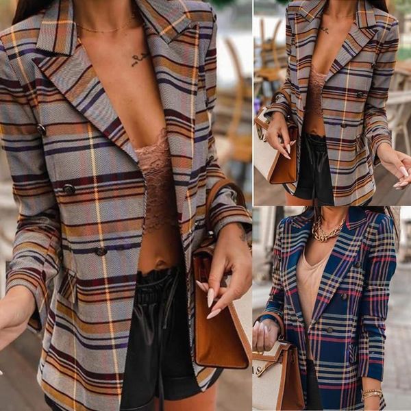 

2021 fashion plaid women blazer fashion vintage double breasted slim blazer plus size 3xl, White;black
