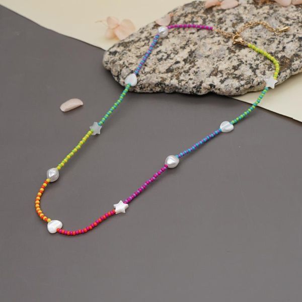 

chains bohemian simple mixcolor glass seed beaded irregular imitation pearl ladies necklace heart shell focus charms women girl jewelry, Silver