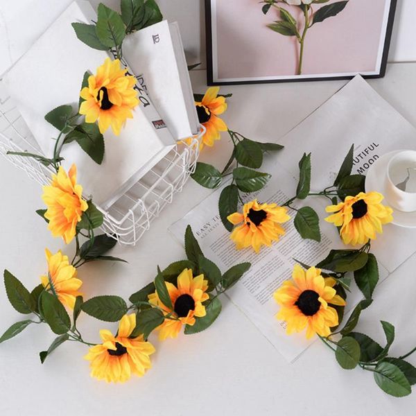 

decorative flowers & wreaths sunflower vine artificial flower garland silk with green leaves wedding table decor party home decoration