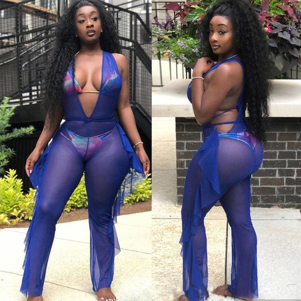 

women's swimwear women summer bikini cover up see-throung beach jumpsuit romper bathing suit clubwear pants, White;black