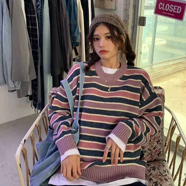 

2021 new autumn college style loose casual long-sleeved striped color-block knit round neck sweater simple personality w20k, White;black