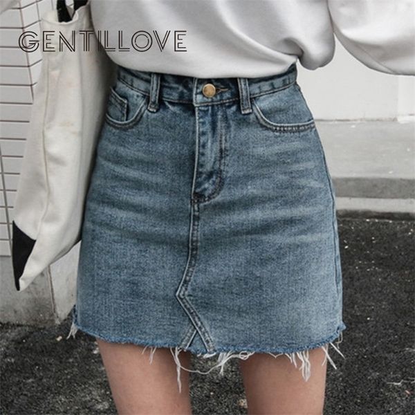 

gentillove casual high waist pencil denim skirts women summer black blue solid pockets button all-matched jeans skirt 210306