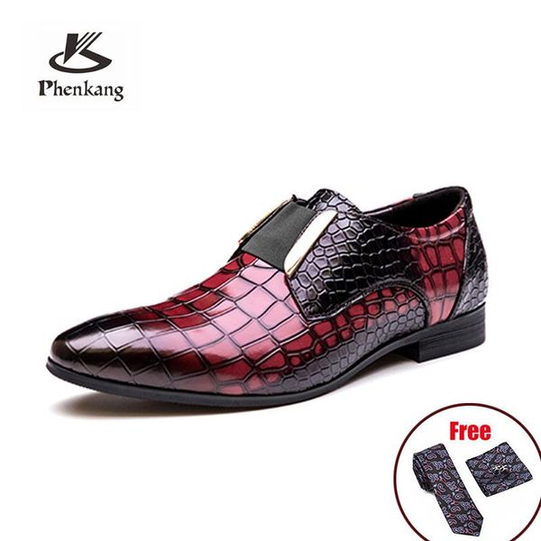 

dress shoes phenkang men genuine leather crocodile pattern formal classic pointed glossy mens wedding elastic band oxford, Black
