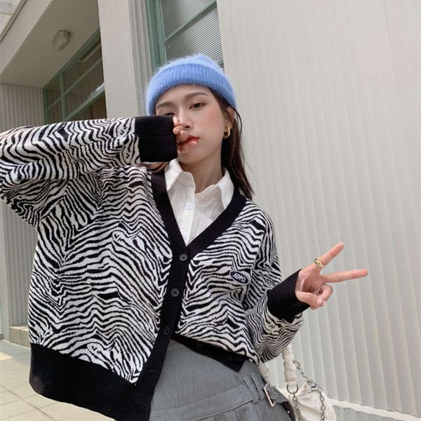 

zebra pattern loose breasted knitted cardigan, style sweater coat, White;black