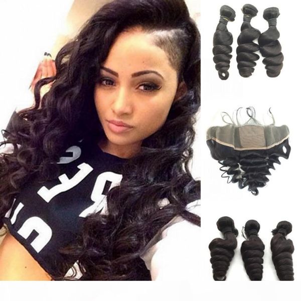 

loose wave human hair bundles with lace frontal closure part silk base ear to ear lace frontals with bundles, Black