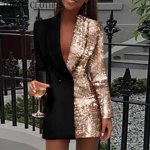 

casual dresses women colorblock sequins long sleeve blazer dress, Black;gray