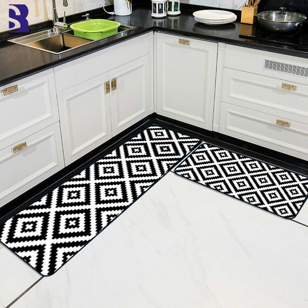 SunnyRain 2-piece Set Mutfak Geometrik Mutfak Alanı için Siyah Ve Beyaz Halı Kilim Kayma Dayanıklı Banyo Kilim 210301