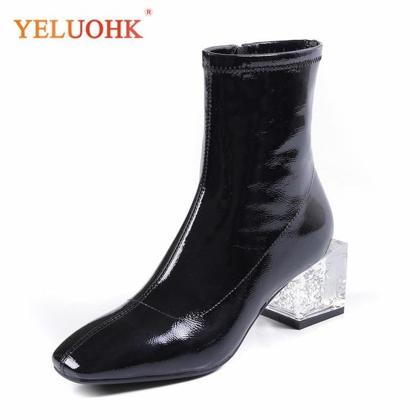 

boots women autumn unique transparent heels rounded toe 34-39 winter botos, Black