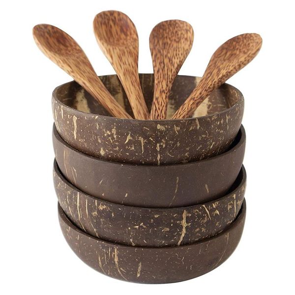 

coconut bowls and spoon set,salad smoothie mixing dessert fruit ice cream snack bowl for kitchen,dining 4 set