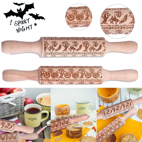 Halloween Legno Goffratura Mattarello Torta Fondente Biscotti Modello Zucca Ragni Pipistrelli Inciso Rullo Strumenti di Cottura Forniture 211008