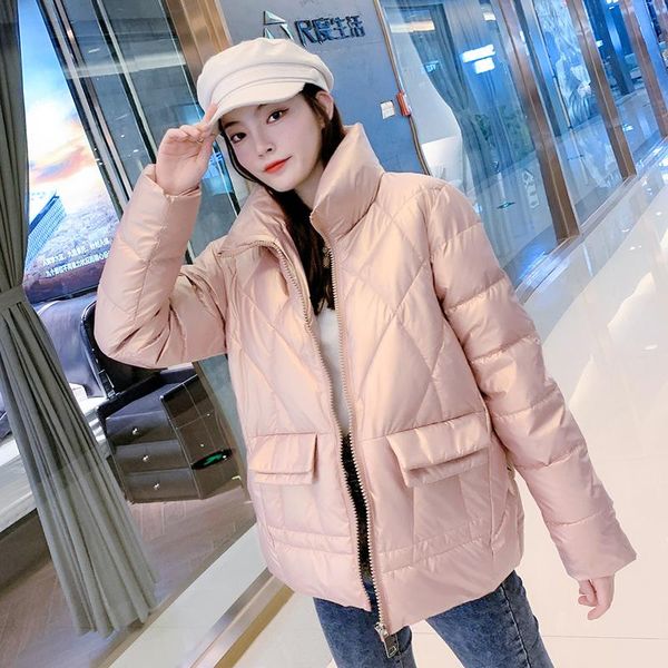 

women's down & parkas 2021 winter thicken glossy cotton padded coat for female stand collar casual bright zipper puffer jacket, Black