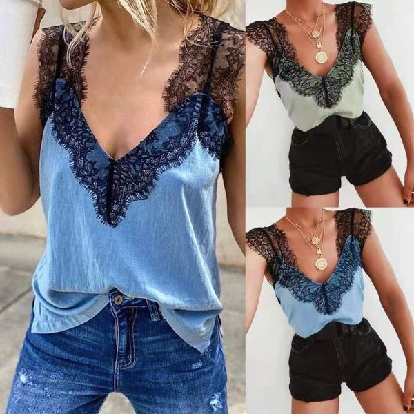

women's t-shirt 2021 summer casual ladies v-neck sleeveless lace patchwork, White
