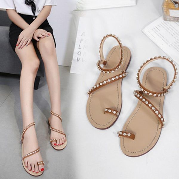 

sandals large size roman pearl 2021 summer diamond flat casual beach women, Black