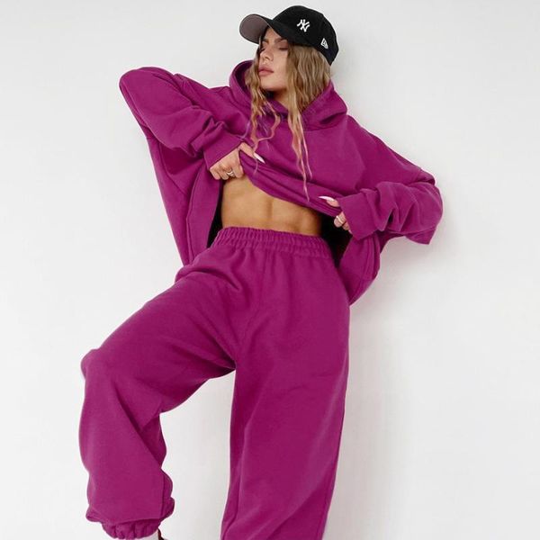 

women's two piece pants 2021 y2k knit plus velvet suit women long sleeve o neck hoodie with hat casual loose harem 2 set sportweaar, White