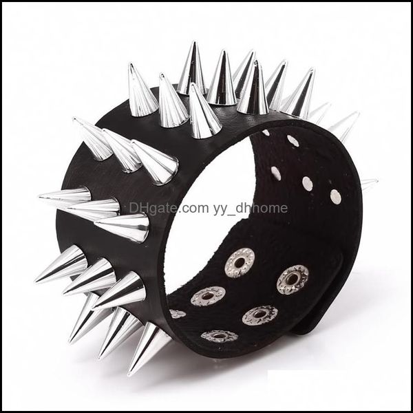 Gioielli con ciondoliBracciali con ciondoli Tre file Cuspidal Spikes Rivet Stud Polsino largo in pelle Punk Gothic Rock Bracciale rigido unisex Goccia di gioielli da uomo