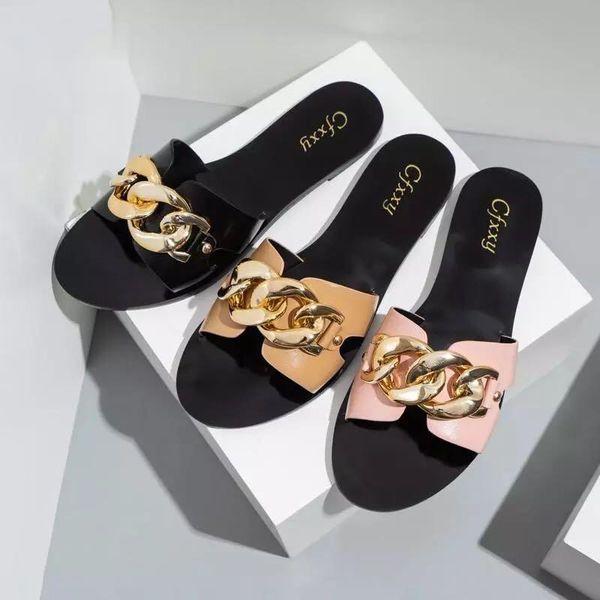 

ddyzhy new ladies slippers2021 summer slides fashion black metal chain decorated flat round toe women slides female beach shoes