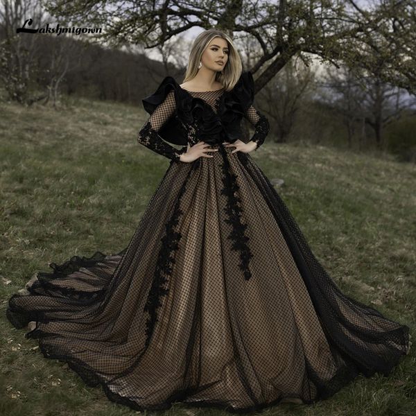 

2021 new black a line wedding es robe mariee long sleeves court train tulle gothic bridal gown vestido de novia zpbz, White