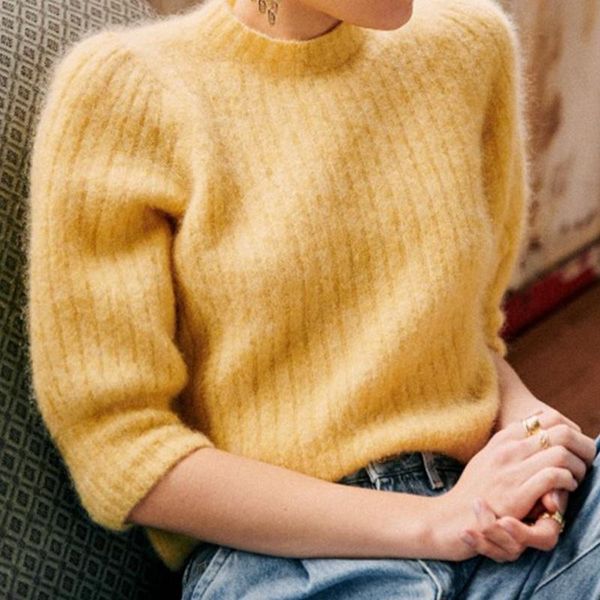 

spring and autumn new fashion all-match small high neck half sleeve puff sleeve pullover knitted sweater women, White;black