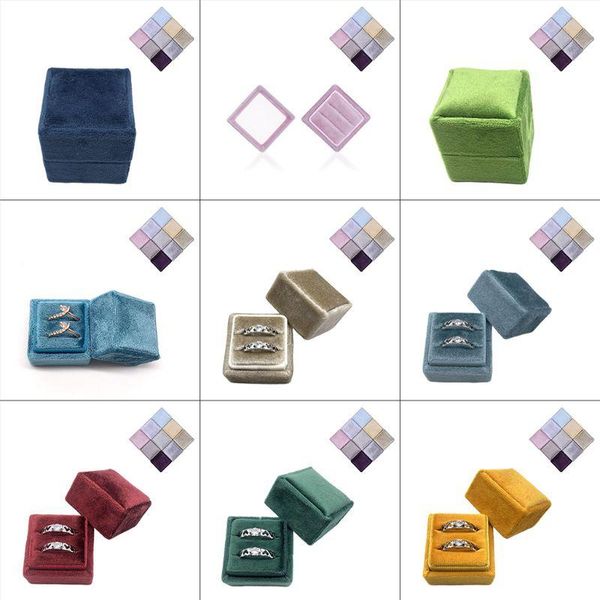 

velvet double ring box square wedding ceremony ring box with detachable lid, Pink;blue