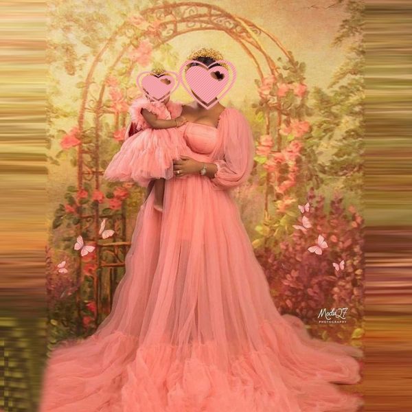 

new mother and kids evening dresses long sleeves a line extra puffy tulle mom me tutu p shoot dressing gowns custom made, Black;red
