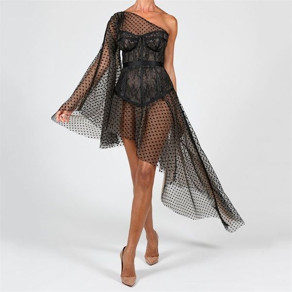 

summer ladies nne-shoulder polka dot lace perspective stitching bat sleeve asymmetric star dress vestidos 210525, Black;gray