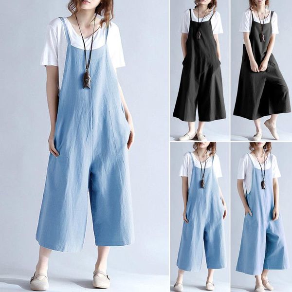 

women's jumpsuits & rompers casual women cotton linen sleeveless overalls adjustable strap jumpsuit dungaree oversized wide leg trouser, Black;white