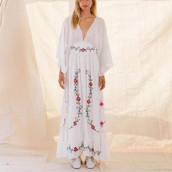 

women's tanks & camis sleeve deep v-neck maxi dresses women vintage rayon embroidered white autumn vestidos casual long robe j38s