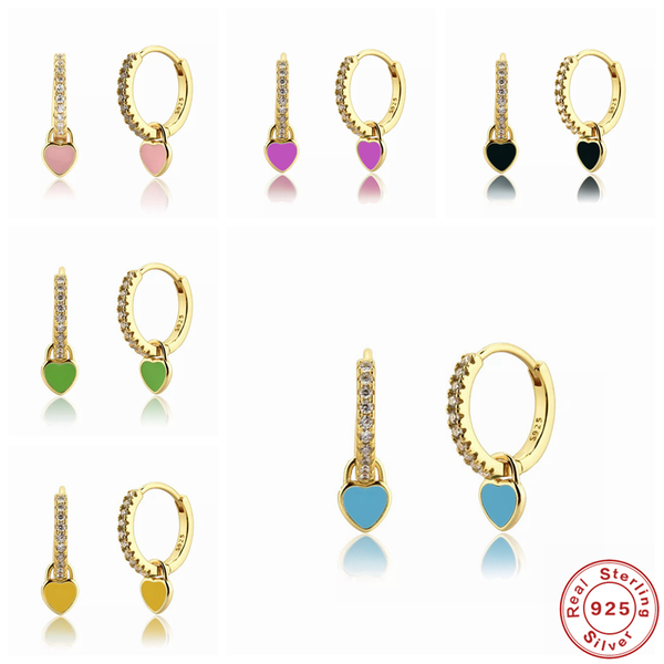 

hoop & huggie 925 sterling silver earrings with cute candy neon color enamel heart charm drop earring gold for girls jewelry, Golden;silver