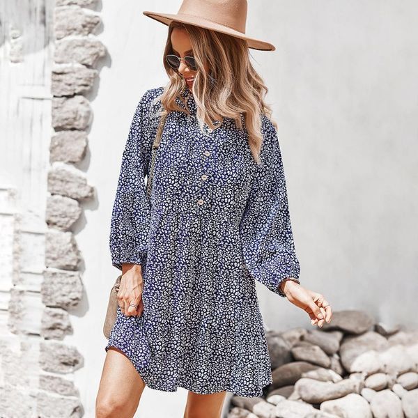 

casual dresses 2021 autumn bandage dress women loog sleeve button floral print for woman spring holiday style, Black;gray